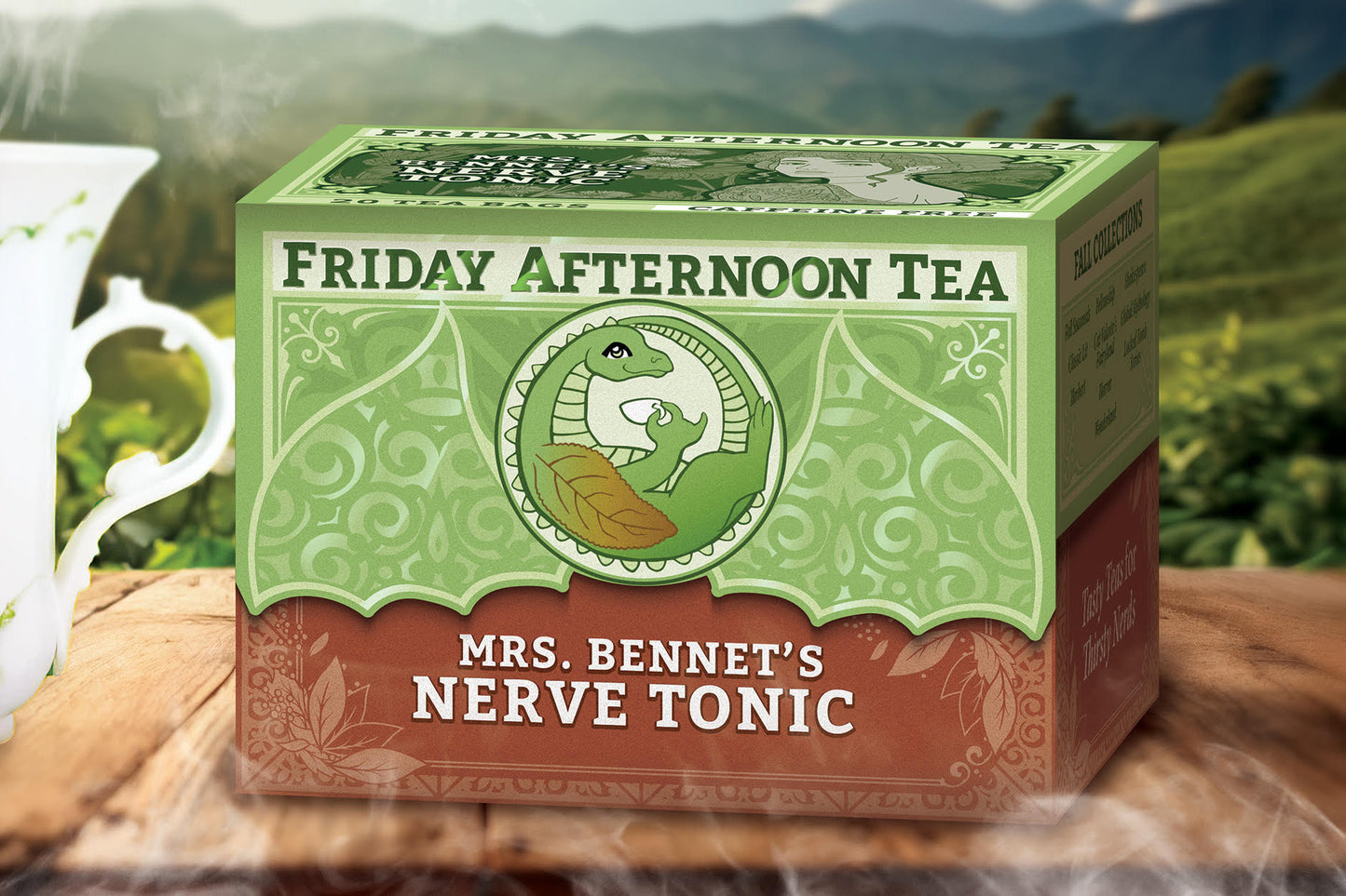 Box of teabags labeled Mrs. Bennet's Nerve Tonic