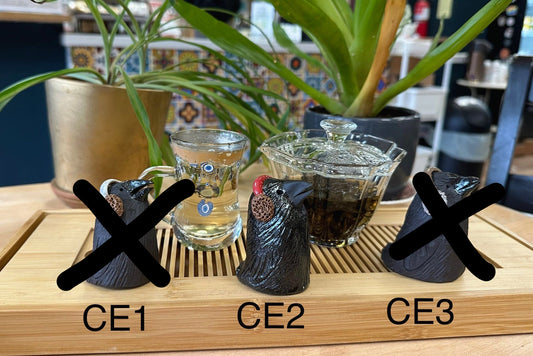 Three crow tea pets with earmuffs labeled CE1-CE3