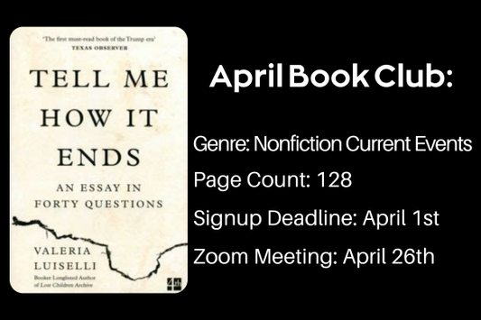 Promotional graphic for April Book Club with book cover and event details.