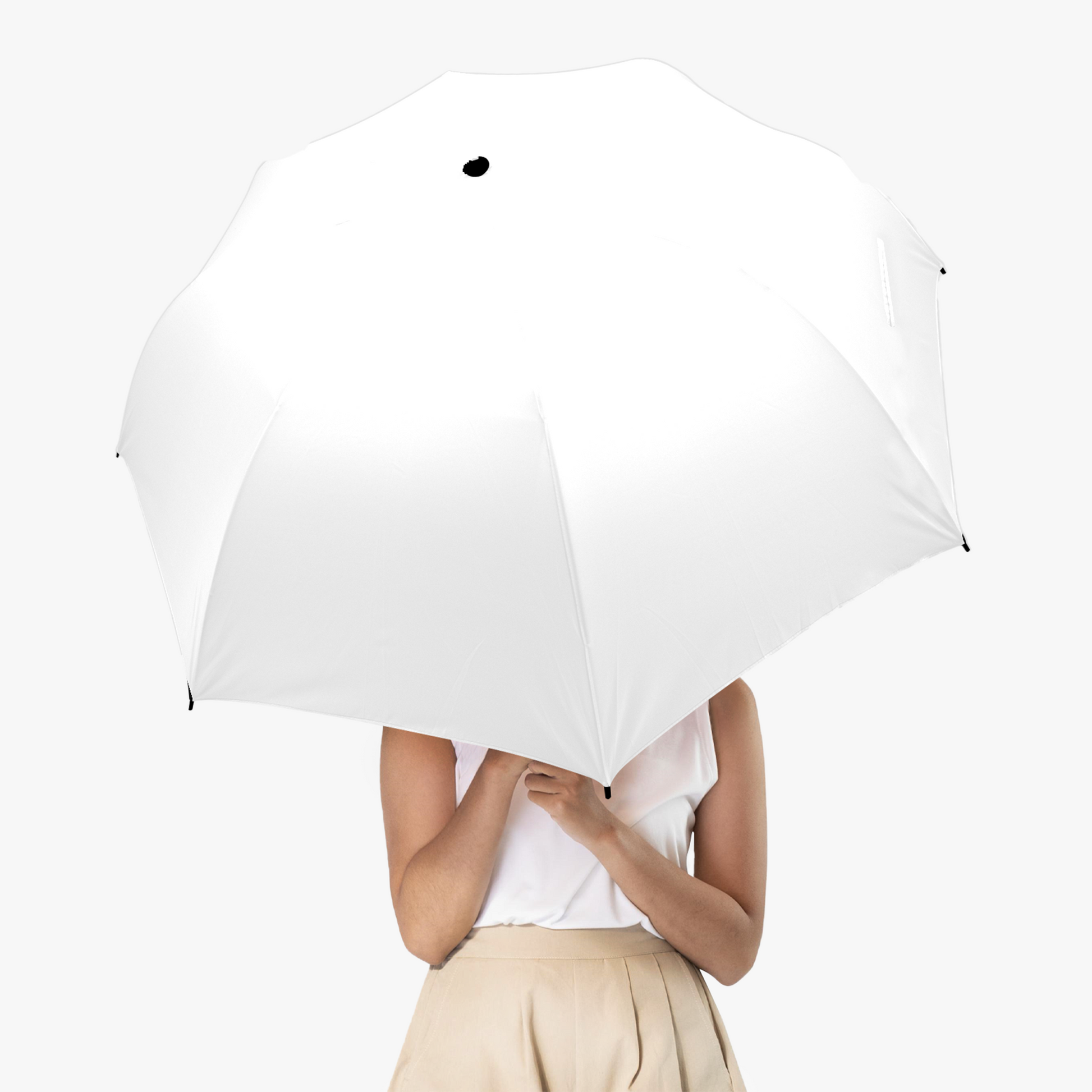 A plain white umbrella, demonstrating open position of product