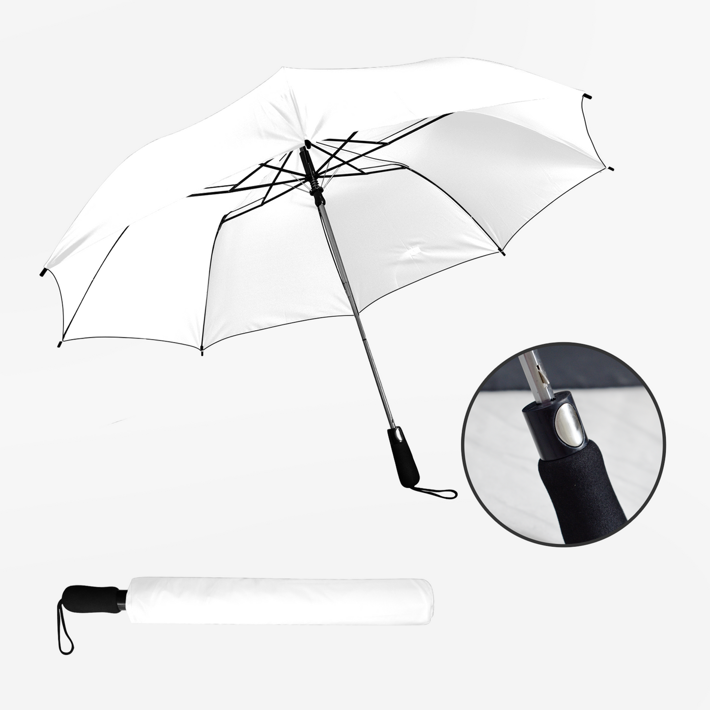 A plain white umbrella, demonstrating open position of product from interior, close-up of button release handle, and closed position of umbrella.