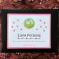 Box of 'Love Potions' tea with decorative background