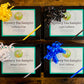 Four tea sampler boxes arranged in a 2x2 grid on a wooden surface, each with a ribbon bow: yellow, black, white, and blue. The labels read 'Mystery Tea Sampler' with caffeine level options 'Caffeine Free,' 'Light Caffeine,' 'Mixed Caffeine,' and 'Bold Caffeine.
