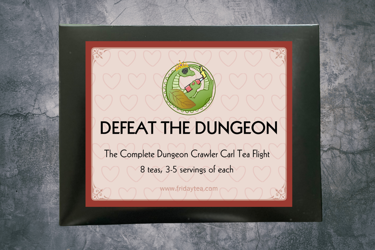 Box set of tea titled "Defeat the Dungeon: the Complete Dungeon Crawler Carl Tea Flight"