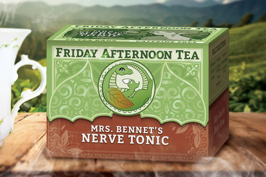 Box of teabags labeled Mrs. Bennet's Nerve Tonic