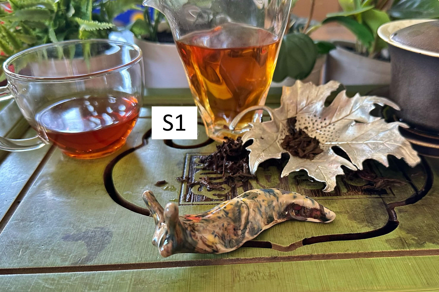 A slug shaped tea pet with rainbow dots down its back, labeled S1